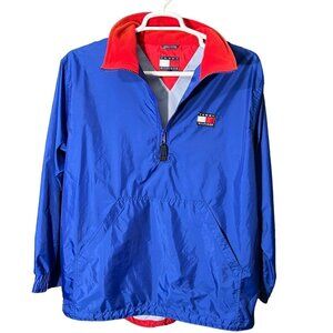 Vintage Tommy Hilfiger 1/4 Zip Windbreaker Patched Logo Blue Pullover Size XL